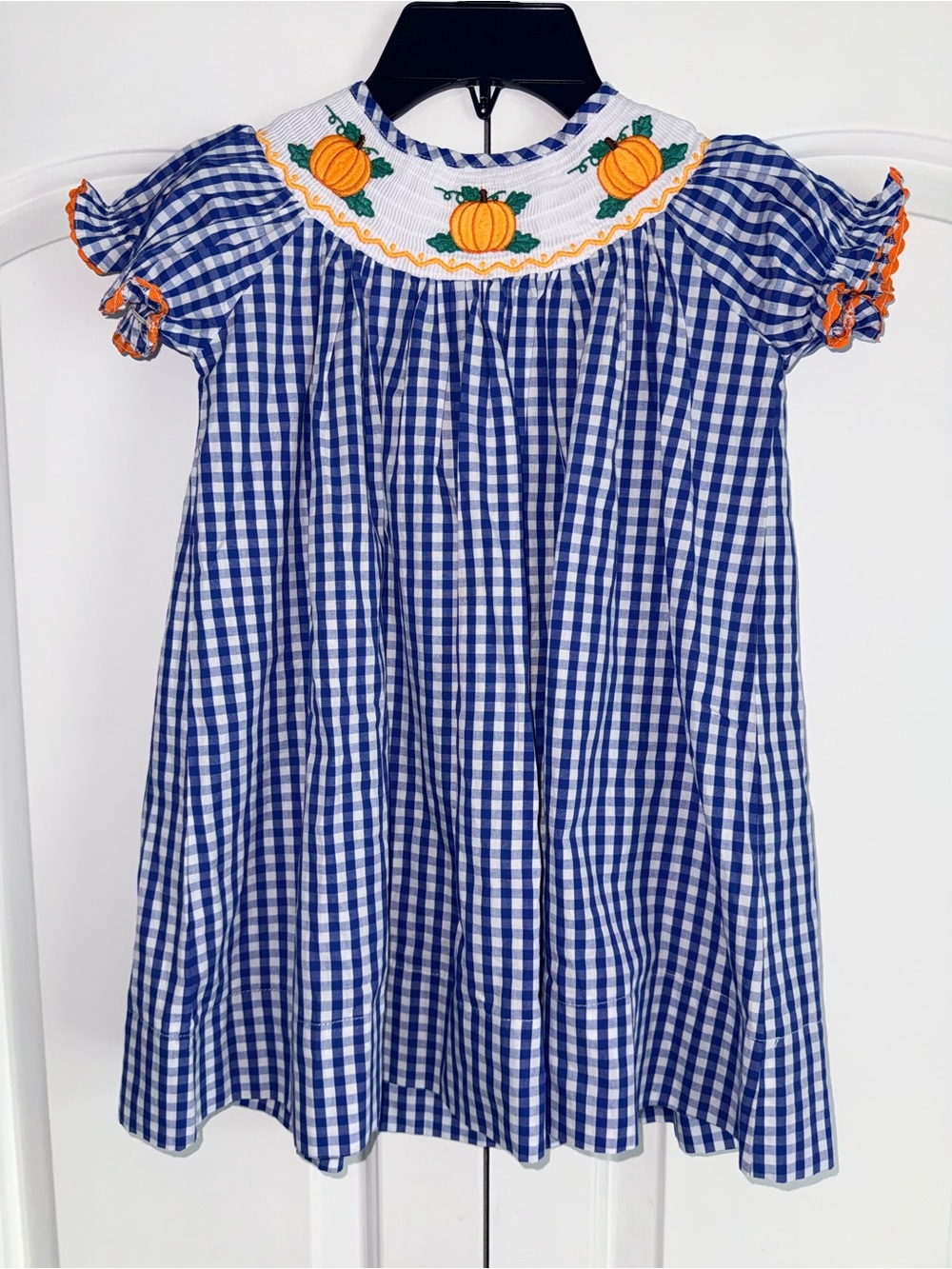 Lil Cactus Girls Blue Gingham Smocked Dress 3T Pumpkin Embroidered Cotton